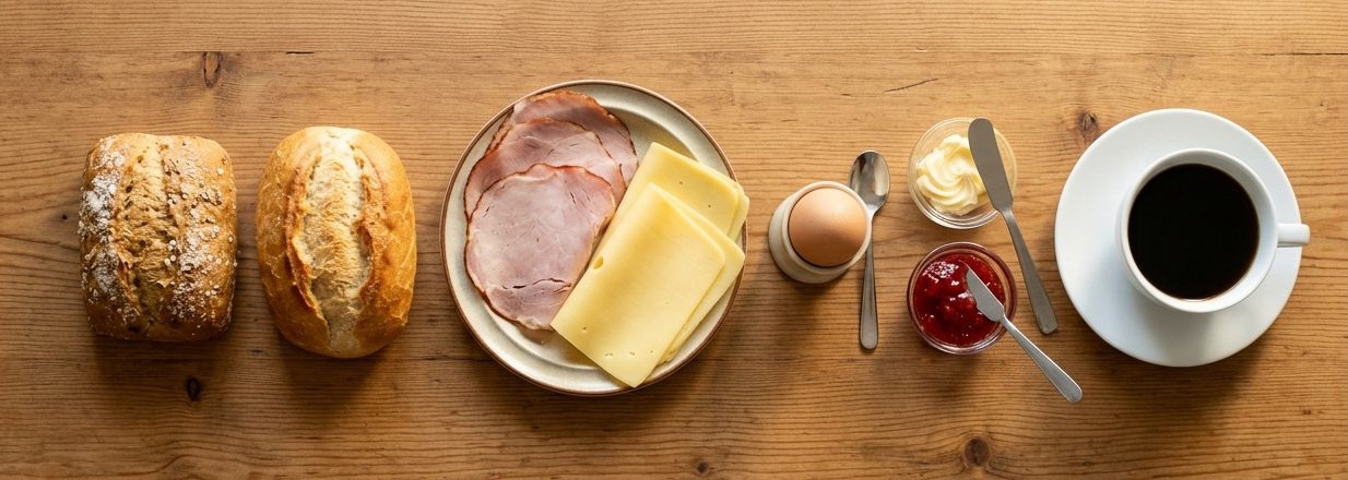 Frühstück mit Brötchen, Käse, Schinken, Ei, Butter, Marmelade und einer Tasse Kaffee