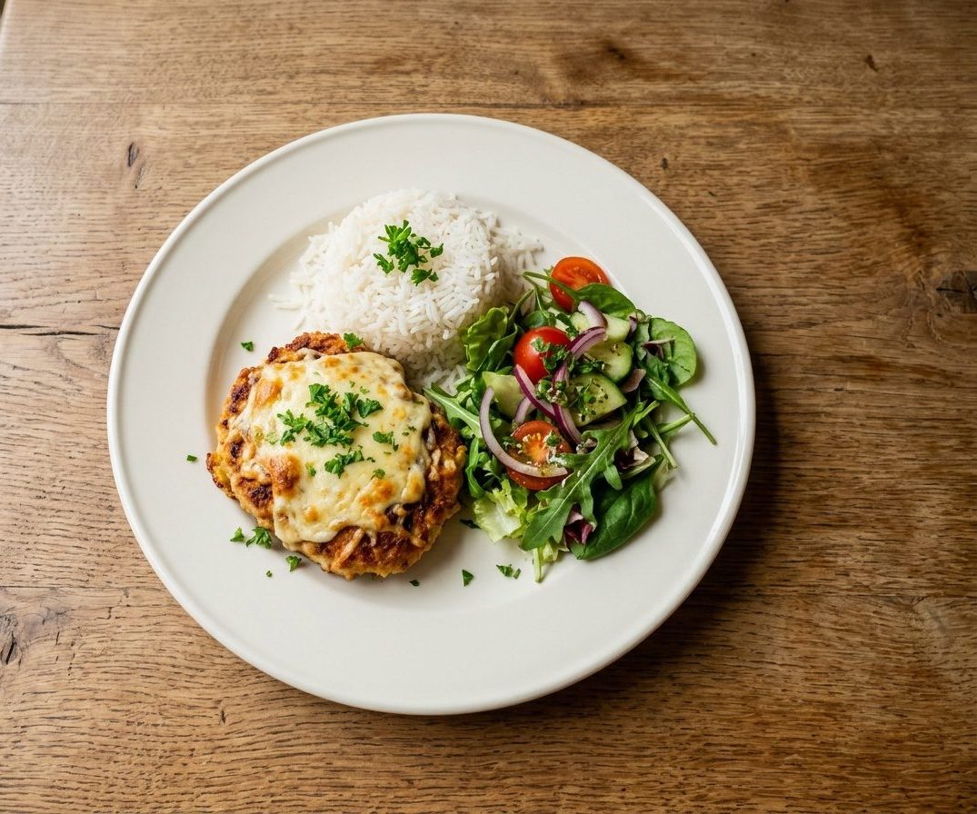 Überbackene Hähnchenfrikadelle mit Reis und frischem Salat auf einem Holztisch