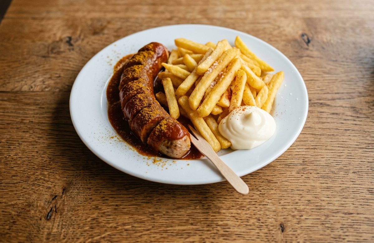 Currywurst mit Pommes und Mayonnaise auf einem weißen Teller